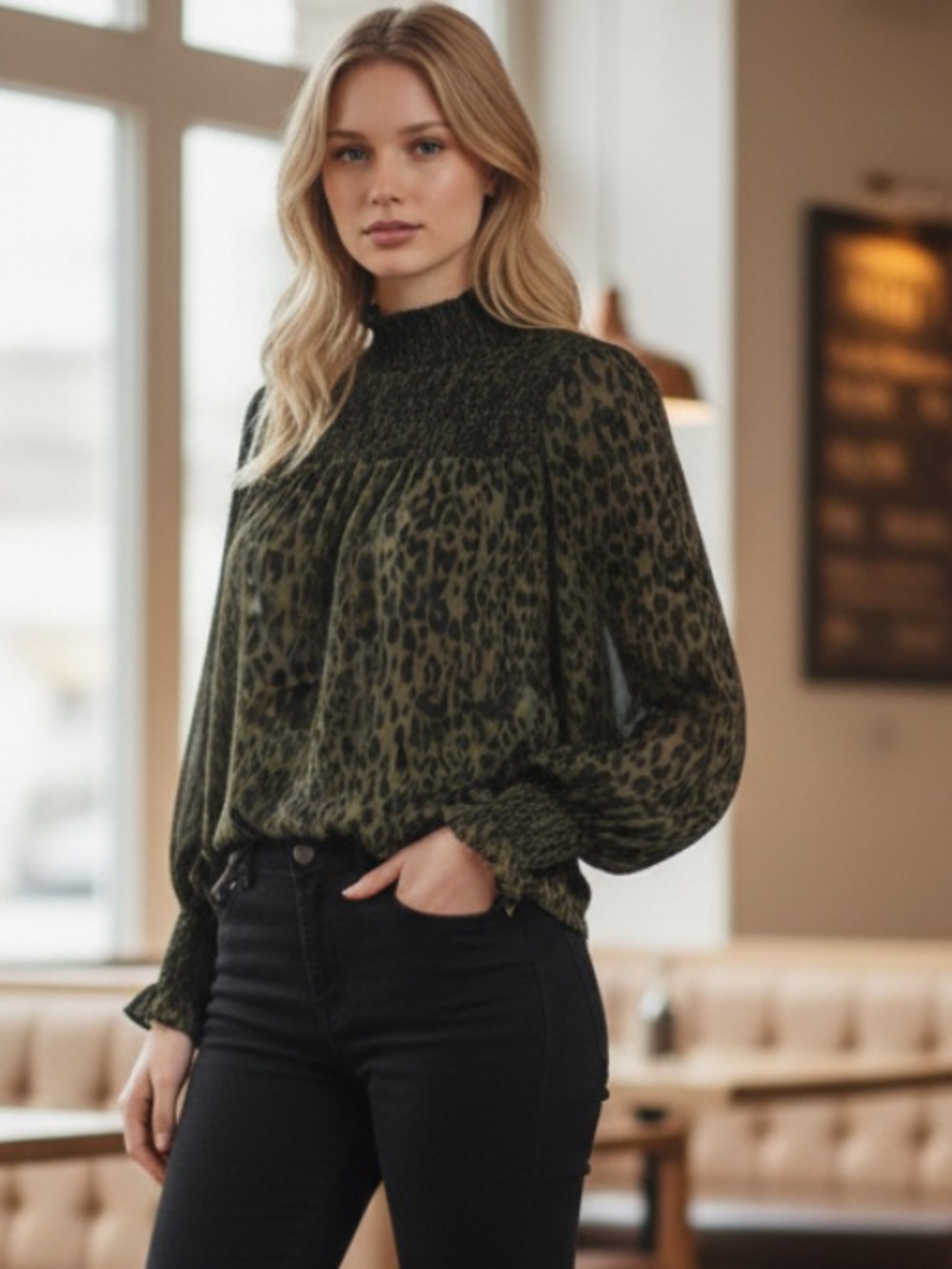 THML Olive Green Leopard Smocked Yoke Blouse